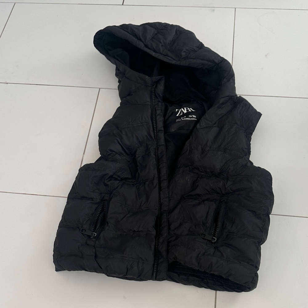 Zara Kids Quilted Black Hooded Vest 6/7